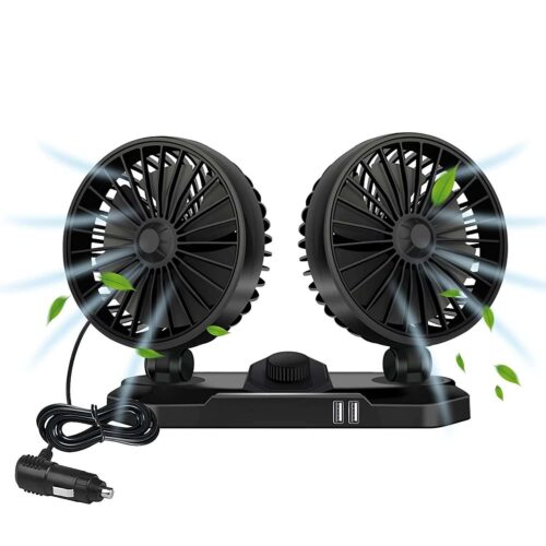 Car Double Head Fan 12V with 24V Dual USB Charging Port