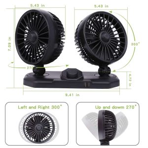 Car Double Head Fan 12V with 24V Dual USB Charging Port